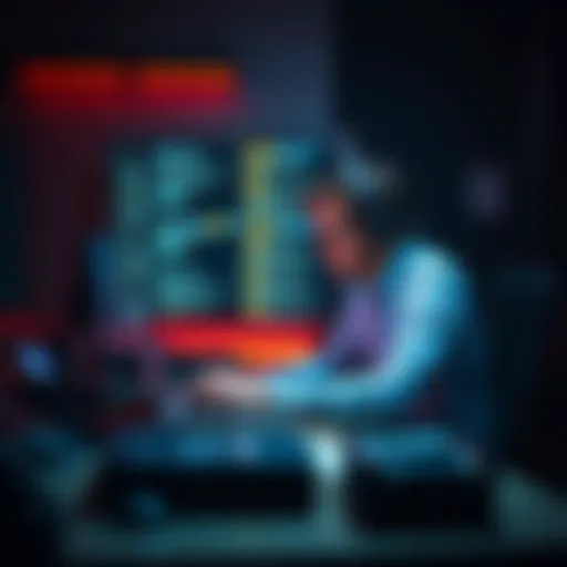A person sitting at a desk, focused on a laptop, trying to access an account while surrounded by limited hardware.