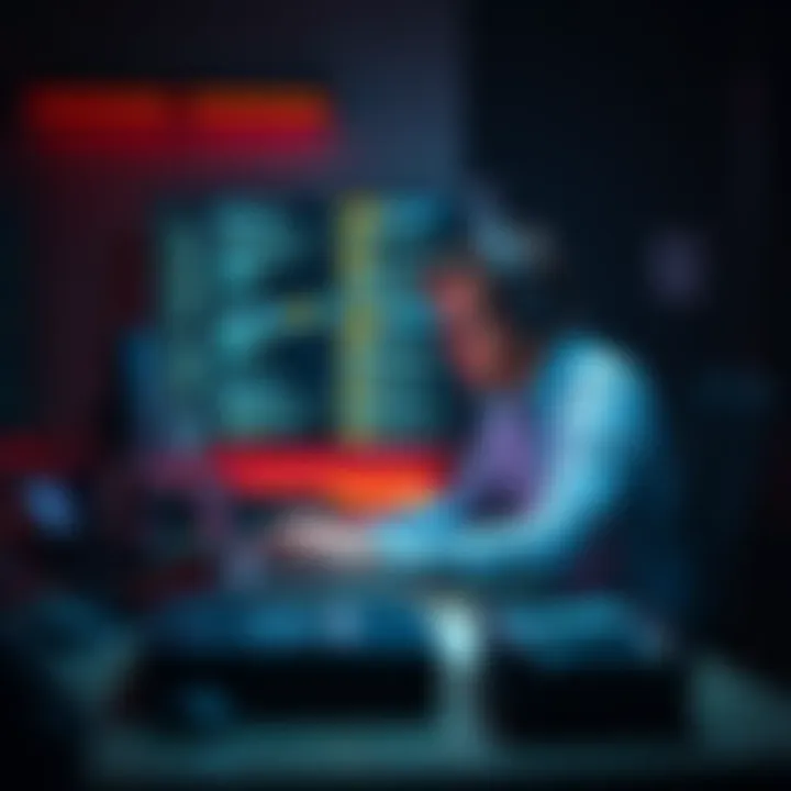 Person accessing account on a laptop A person sitting at a desk, focused on a laptop, trying to access an account while surrounded by limited hardware.