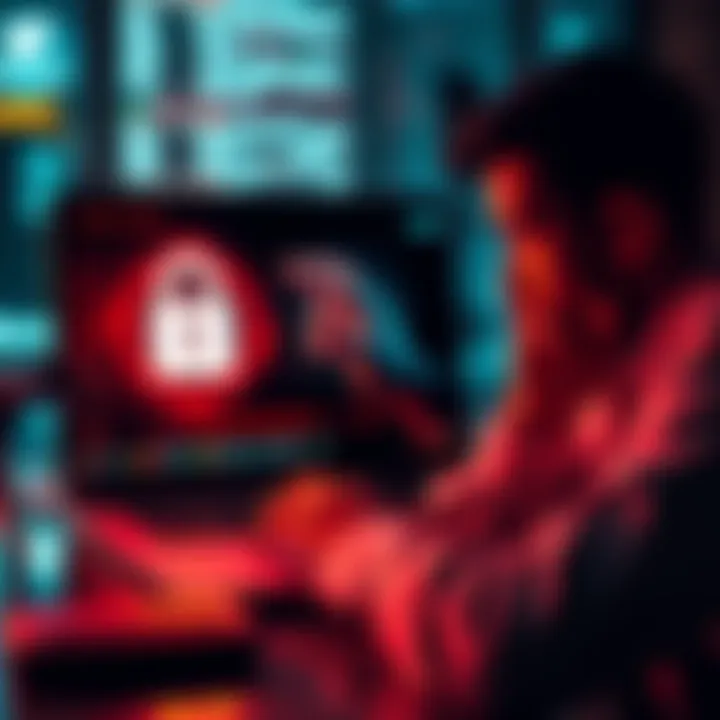 A worried person looking at a laptop screen with a lock icon, representing account hacking concerns