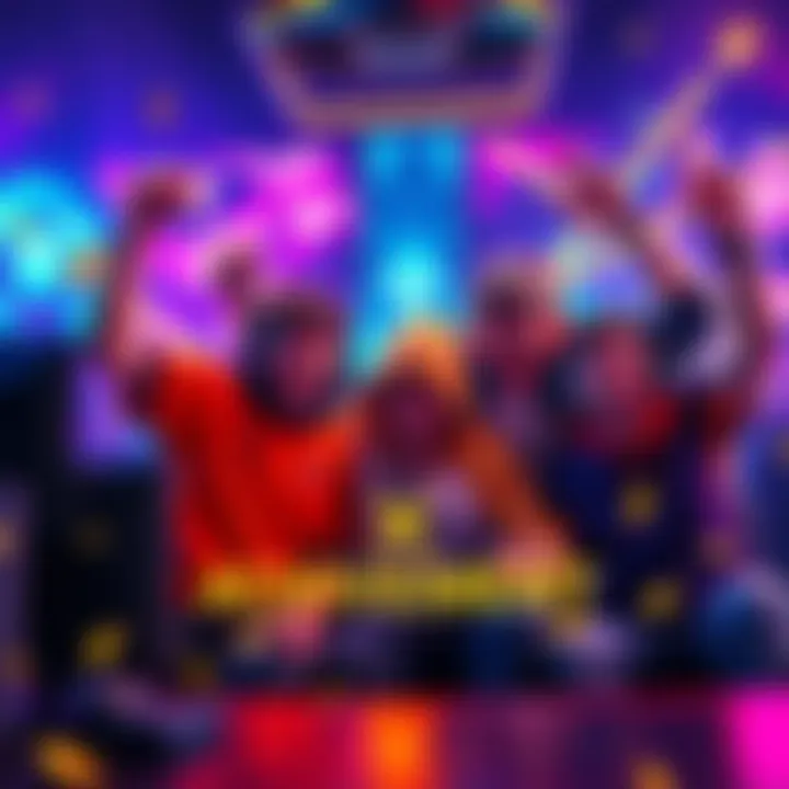 Ace Rank Achievement A group of gamers celebrating their Ace rank achievement while playing together online, showing excitement and camaraderie with colorful game graphics in the background.