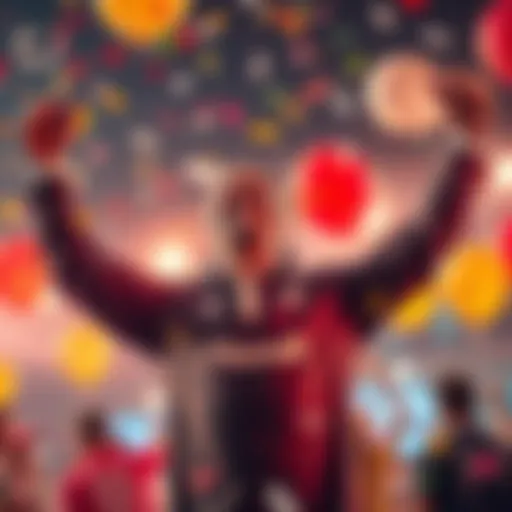 Person celebrating achievement A person smiling and raising their arms in victory after reaching the top rank, surrounded by confetti and balloons.