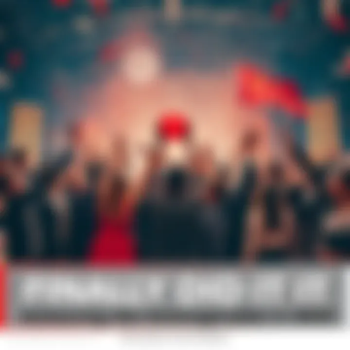 A diverse group of people celebrating a major achievement with confetti and banners in a lively atmosphere.