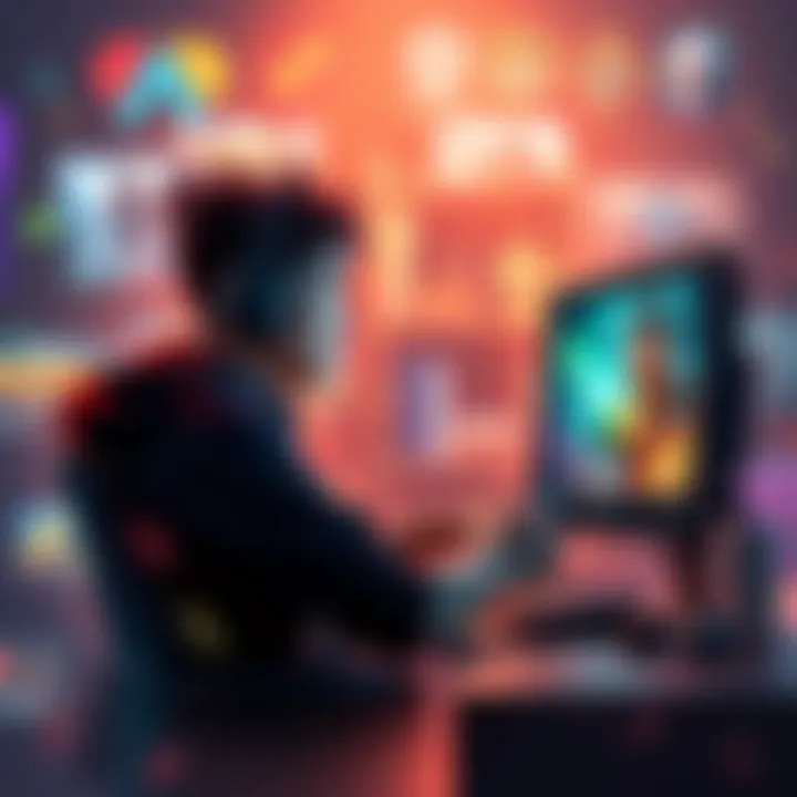 A gamer focused on completing achievement challenges on a PC, surrounded by game graphics and icons representing achievements.