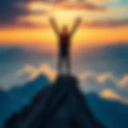 A person standing on top of a mountain with arms raised, celebrating success and achievement, symbolizing personal and professional goals.