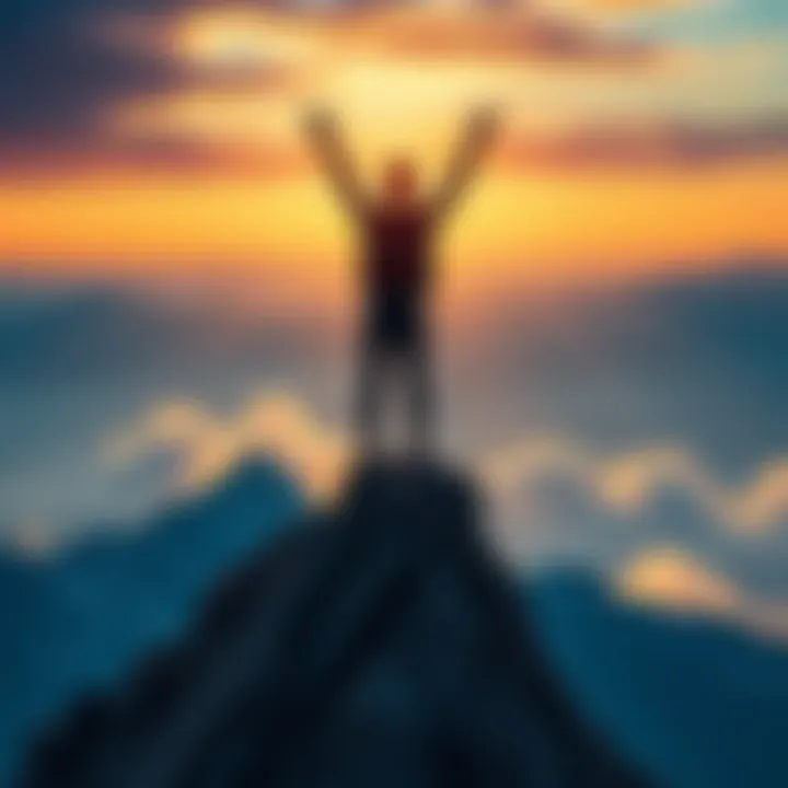 A person standing on top of a mountain with arms raised, celebrating success and achievement, symbolizing personal and professional goals.