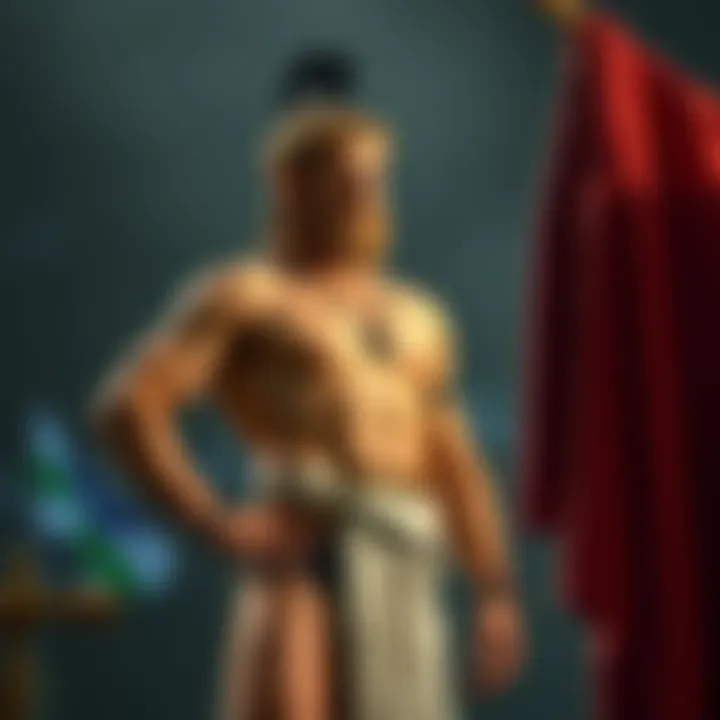 Achilles wearing black underwear and looking thoughtfully at a toga, with a playful expression.