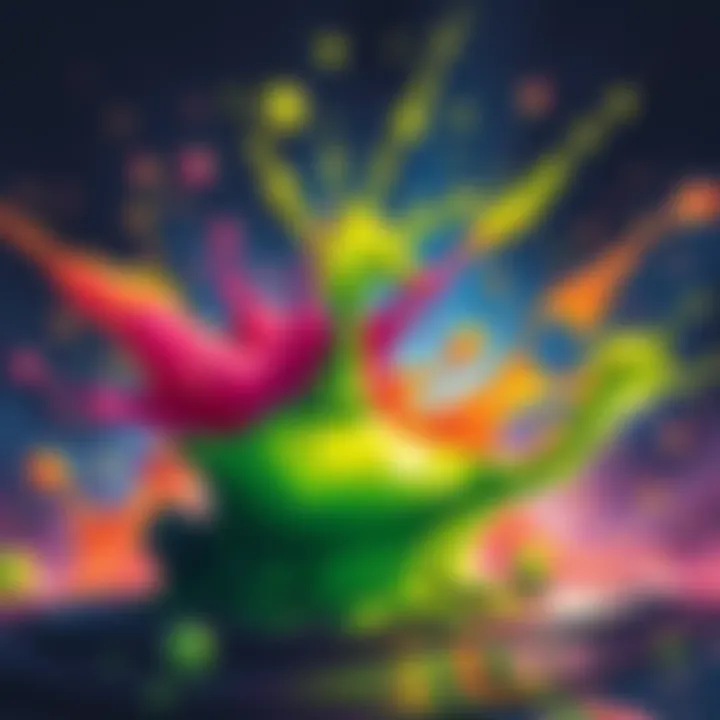 A vivid illustration of an Acid Splash spell in action, with colorful splashes of acid bursting in a fantasy setting.