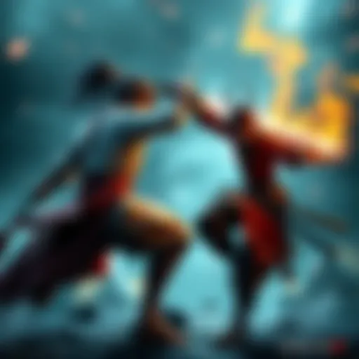 Action-packed game characters Two skilled game characters fighting in a dynamic battle scene, showcasing intense combat and precision gameplay, inspired by Sifu and Sekiro.