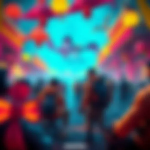 A vibrant scene showcasing players immersed in supercharged XP events, with colorful decorations representing Delulu vibes and intense competition in Demon Rush Melee.