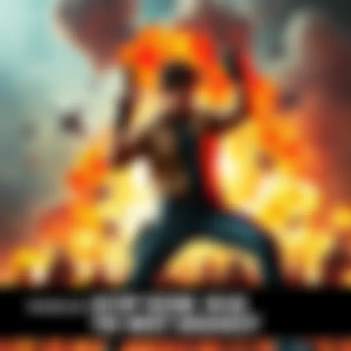 A thrilling moment from a classic action film featuring a hero in a dramatic pose, surrounded by explosions and chaos.