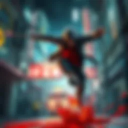 A character performing parkour moves while holding weapons in a chaotic urban setting with splashes of blood.