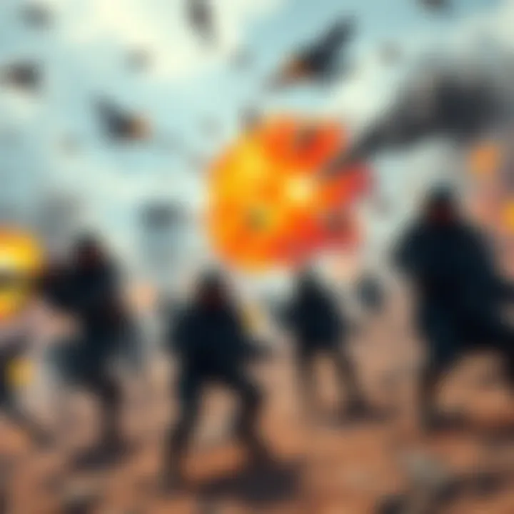 A dynamic scene of intense combat featuring futuristic soldiers in a chaotic battlefield with explosions and powerful weapons.