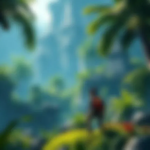 Action-Adventure Game Scene A vibrant action-adventure game scene showing a character exploring a lush jungle with ancient ruins in the background.
