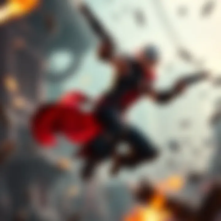 A dynamic action game character performing an aerial attack with weapons drawn, showcasing hack-and-slash and shooter mechanics.