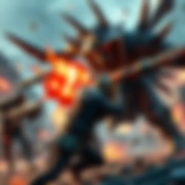 A player character fighting a monstrous enemy with various weapons in an intense action game setting