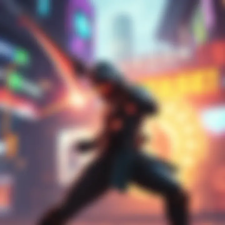 A game character skillfully deflecting an attack in a vibrant action game setting