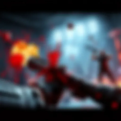 A thrilling video game scene showing intense action with splashes of blood and gory elements in a dark environment
