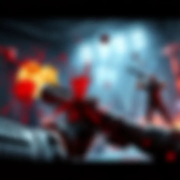 A thrilling video game scene showing intense action with splashes of blood and gory elements in a dark environment