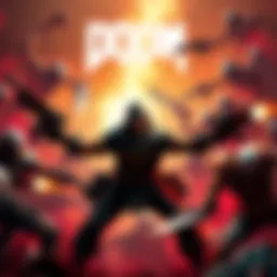 Action in DOOM A character in DOOM battles monsters in a chaotic environment with weapons drawn.