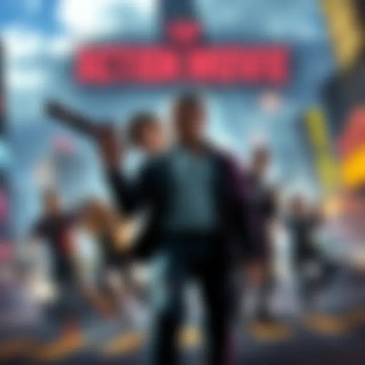 Action Movie Style Game Cover A scene featuring characters in action poses, set in a city landscape with dramatic lighting, capturing the essence of video game action like in Max Payne and Sleeping Dogs.