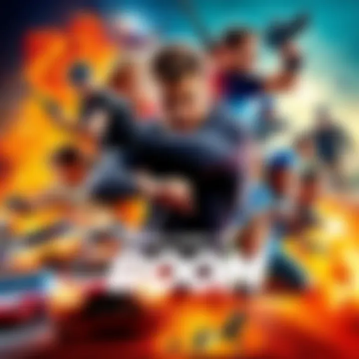 Action Movie Collage A vibrant collage of action movie scenes featuring explosions, car chases, and heroic characters in dynamic poses.