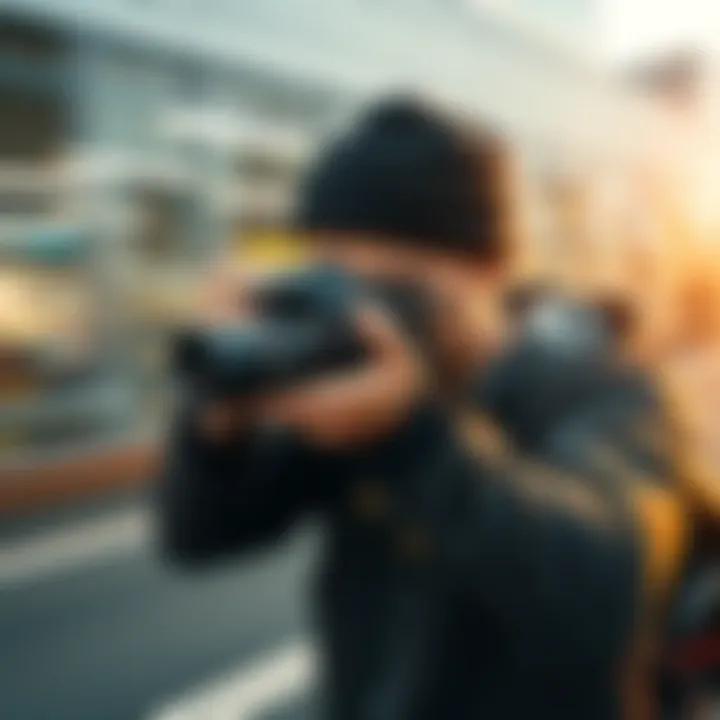 A photographer capturing images while moving, showing motion blur in the background and clear focus on the subject