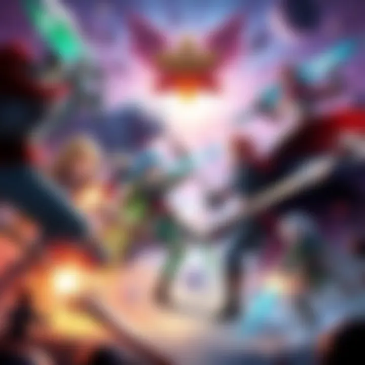A group of diverse RPG characters engaging in an epic battle with magical effects and weapons in a vibrant fantasy setting