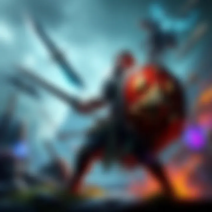 A character in a fantasy landscape wielding a sword and shield, surrounded by different weapons and magical elements, showcasing action RPG gameplay