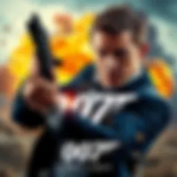 Action scene from 007 First Light trailer A thrilling moment featuring the main character in an intense action pose, set against an explosive background.