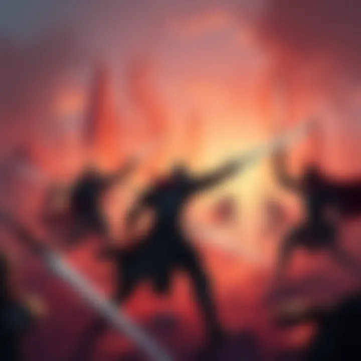 A chaotic battle scene in Crimson Desert featuring armored characters fighting with swords and magic in a vibrant fantasy landscape.