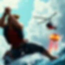 Action scene from Island in 4 remake A character battles Krauser in a thrilling moment from Island in 4 remake, with a helicopter providing support in the background.