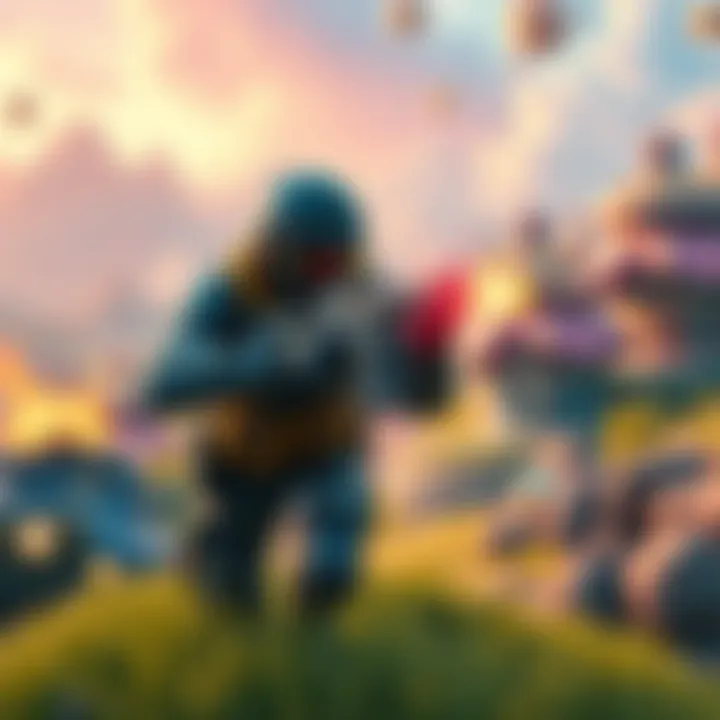 Action Shooter Game Scene A character aiming a weapon in a vibrant open-world setting surrounded by colorful landscapes and dynamic gameplay elements.