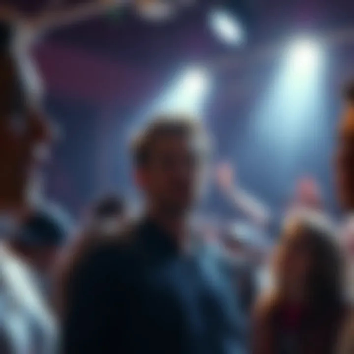 An actor stands under bright lights, looking distressed as people express their opinions around them.