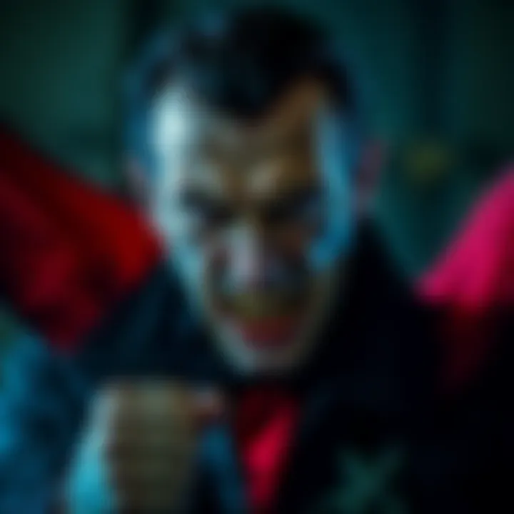Actor Portraying Dracula with Intense Anger The actor playing Dracula showcases intense anger in a dramatic scene, with a fierce expression and strong body language.