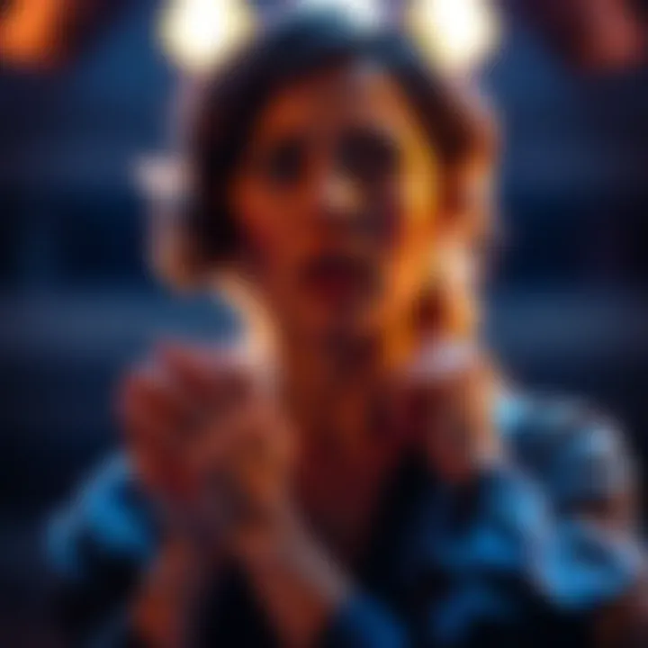 An actress expressing intense emotions on stage, showcasing her powerful performance through her facial expressions and body language.