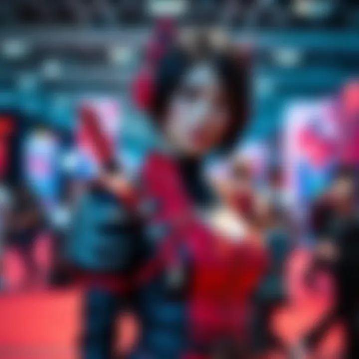 A detailed Ada Wong cosplay displayed at a gaming convention, showcasing the costume's intricate design and vibrant colors.