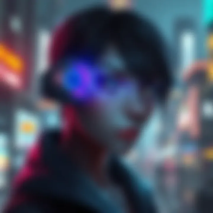 Ada with Cybernetic Eye A character resembling Ada from Separate Ways, showcasing a futuristic eye enhancement amidst a cyberpunk city background.