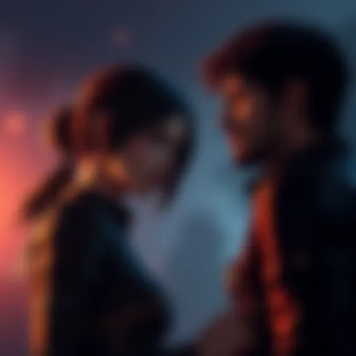 A scene depicting Ada and Leon from a video game remake, showing their complex emotional connection with a subtle background that hints at tension and nostalgia.