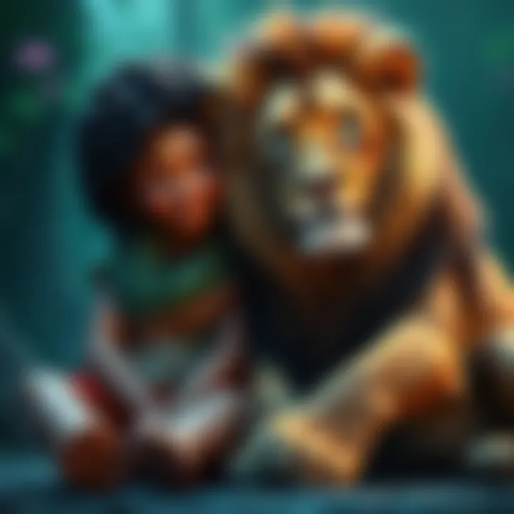 Ada and Lion sitting close together, smiling and sharing a moment, showing signs of affection and connection.
