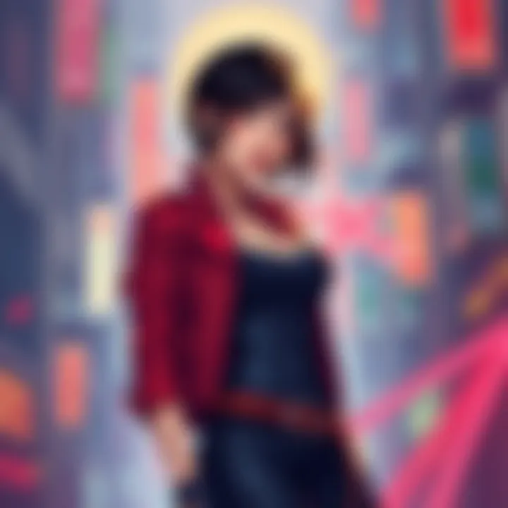 Artistic representation of Ada Wong showcasing her iconic outfit and features with vibrant colors and dynamic pose