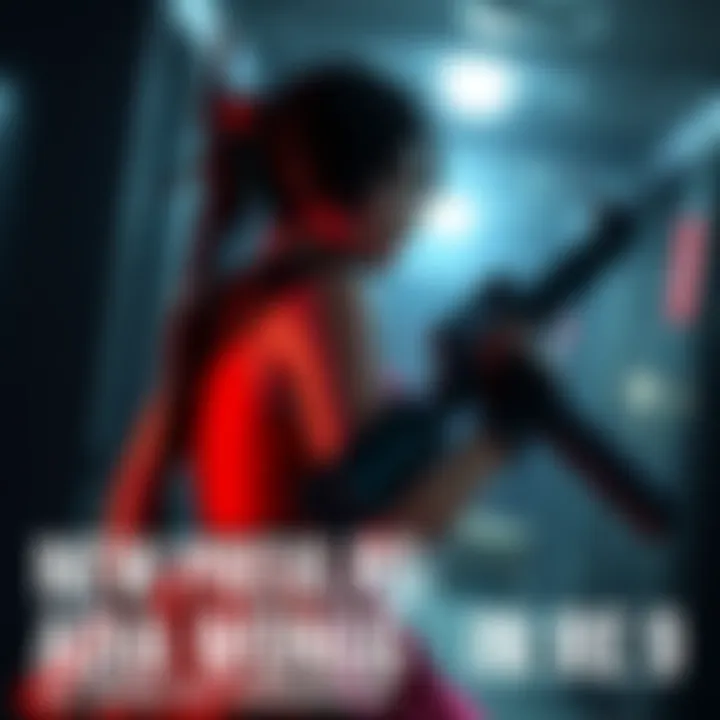 Ada Wong character with a red dress and weapon in a dark environment