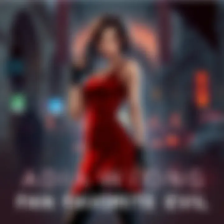 Ada Wong from Resident Evil Illustration of Ada Wong, a popular female character from Resident Evil, dressed in her iconic red dress, posing confidently with a backdrop of the game's dark atmosphere