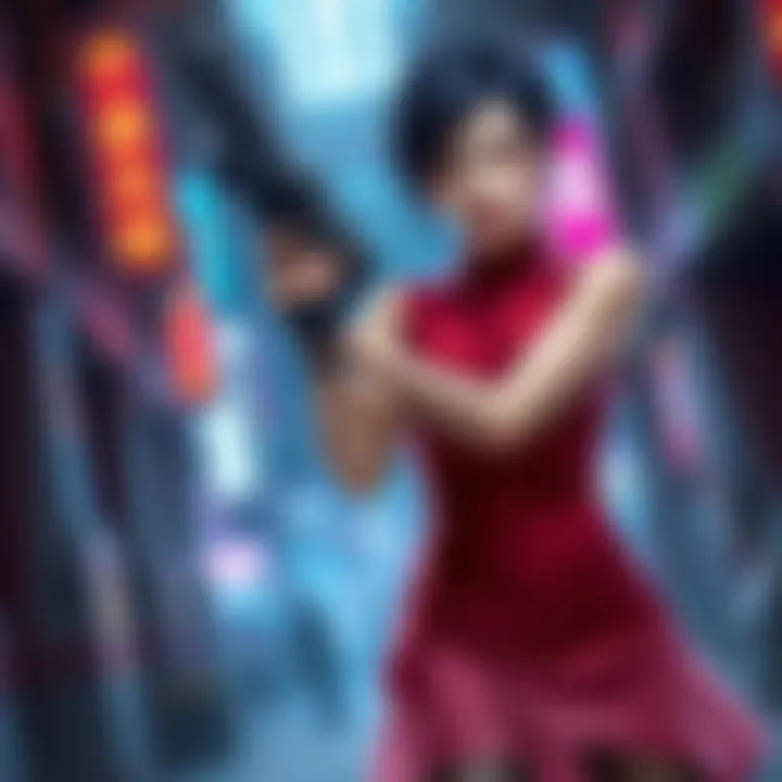 Ada Wong in Resident Evil Ada Wong, a popular character from Resident Evil, dressed in her iconic red dress, holding a gun and looking confident.