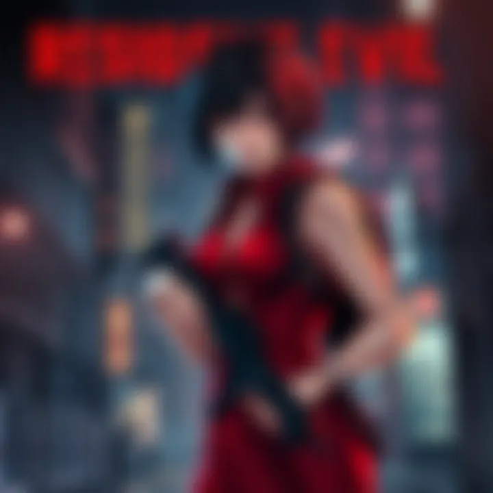 A digital illustration of Ada Wong, a key character in Resident Evil, wearing her classic red dress and holding a weapon, set against a backdrop of a dark, urban environment. Her expression is focused...