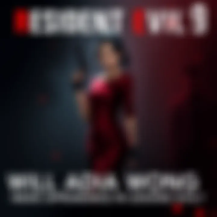 Ada Wong stands confidently with a gun, wearing her signature red dress, surrounded by dark shadows hinting at chaos. Leon S. Kennedy appears in the background, ready for action.