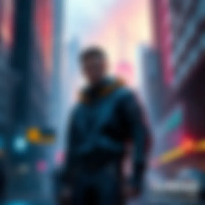 Character resembling Adam Jensen from a cyberpunk game standing in a futuristic city environment