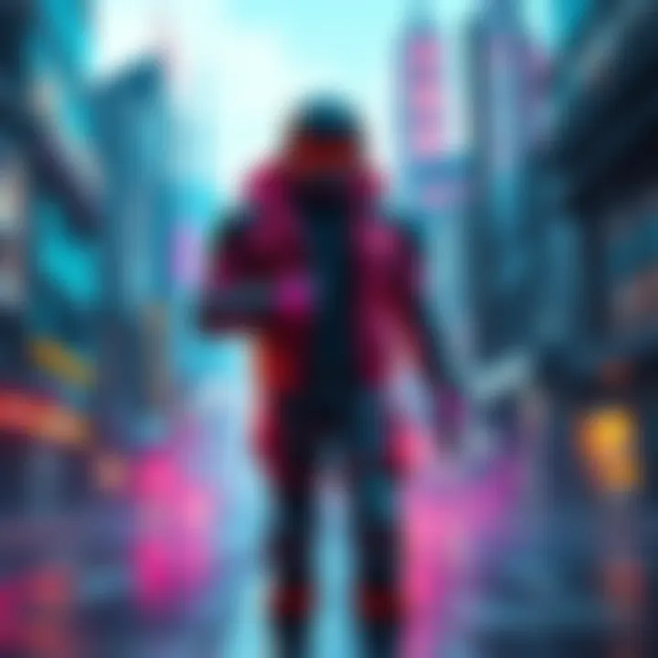 Adam Smasher stands confidently in a futuristic urban setting, showcasing his cybernetic enhancements while displaying a calm demeanor, illustrating his control over cyber psychosis.