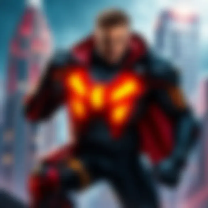 Adam Smasher in a heroic pose, showcasing his strength and confidence, set against a futuristic city backdrop, challenging traditional views on his character.