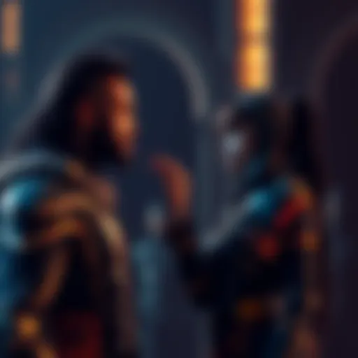 A tense scene depicting Adam Fenix speaking with Myrrah about Jacinto's fate, with a dark backdrop suggesting conflict.