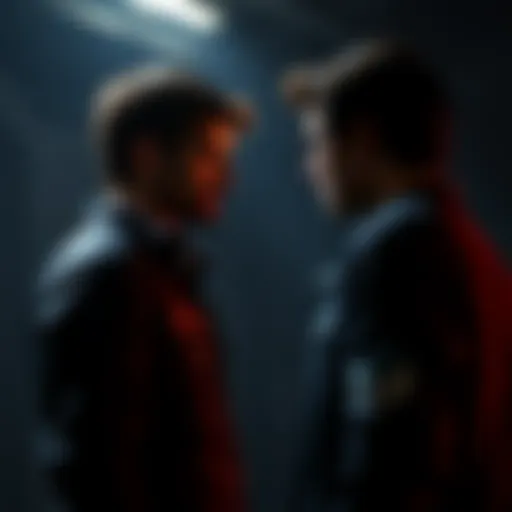Adam Jensen stands in a tense confrontation with a younger Paul Denton, suggesting a betrayal theme in a dark setting.